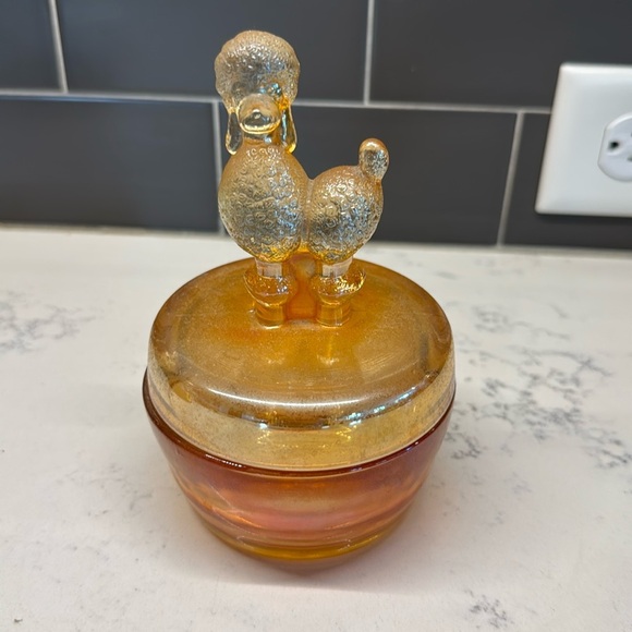 VTG Jeanette Carnival Glass Iridescent Poodle Dog Powder Box / Jar Trinket Dish - Picture 1 of 6
